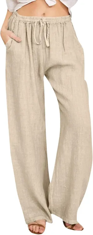 Cotton Linen Pants for Women Summer Drawstring High Waisted Palazzo Pants Casual Wide Leg Yoga Trousers with Pockets