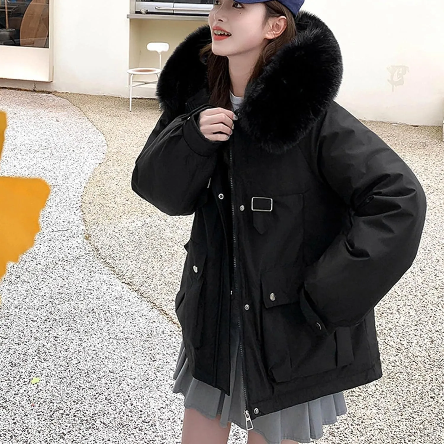 Cotton Winter Puffer Parka Jacket for Women Furry Fur Hooded Quilted Trendy Warm Windproof Thicken Casual Outerwear