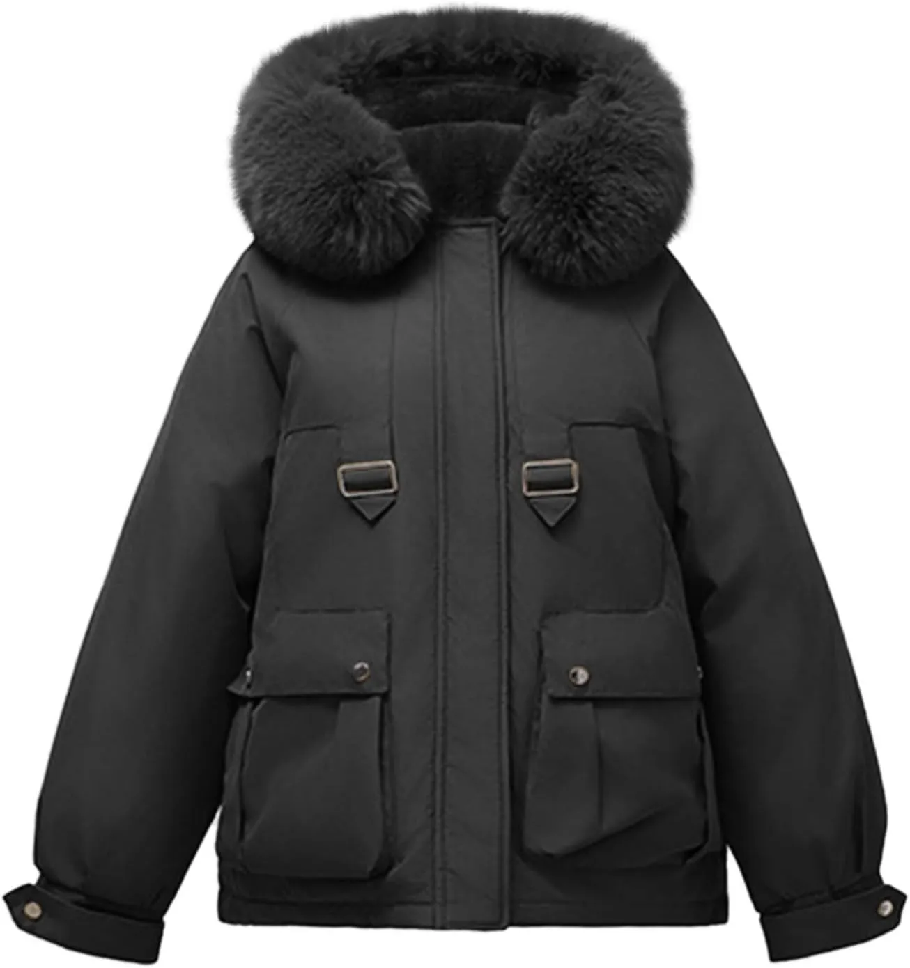 Cotton Winter Puffer Parka Jacket for Women Furry Fur Hooded Quilted Trendy Warm Windproof Thicken Casual Outerwear