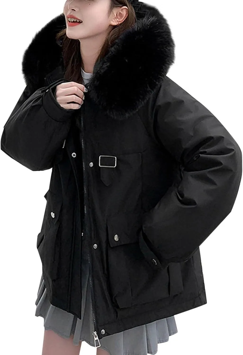 Cotton Winter Puffer Parka Jacket for Women Furry Fur Hooded Quilted Trendy Warm Windproof Thicken Casual Outerwear