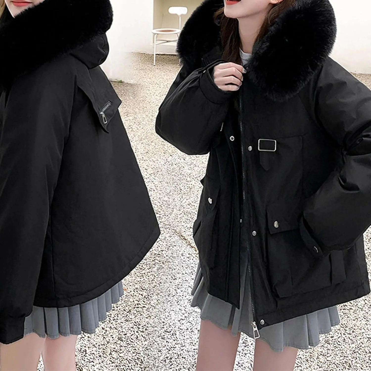 Cotton Winter Puffer Parka Jacket for Women Furry Fur Hooded Quilted Trendy Warm Windproof Thicken Casual Outerwear