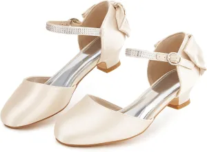 Coutgo Girls Dress Shoes Low Heel Mary Jane Bow Heels Princess Flower Wedding Party Pumps