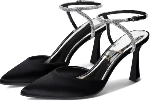 Coutgo Women Rhinestone Heels Kitten High Satin Pumps Pointed Toe Sparkly Sexy Wedding Dress Shoes