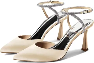 Coutgo Women Rhinestone Heels Kitten High Satin Pumps Pointed Toe Sparkly Sexy Wedding Dress Shoes
