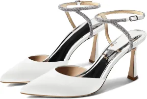 Coutgo Women Rhinestone Heels Kitten High Satin Pumps Pointed Toe Sparkly Sexy Wedding Dress Shoes