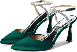 Coutgo Women Rhinestone Heels Kitten High Satin Pumps Pointed Toe Sparkly Sexy Wedding Dress Shoes