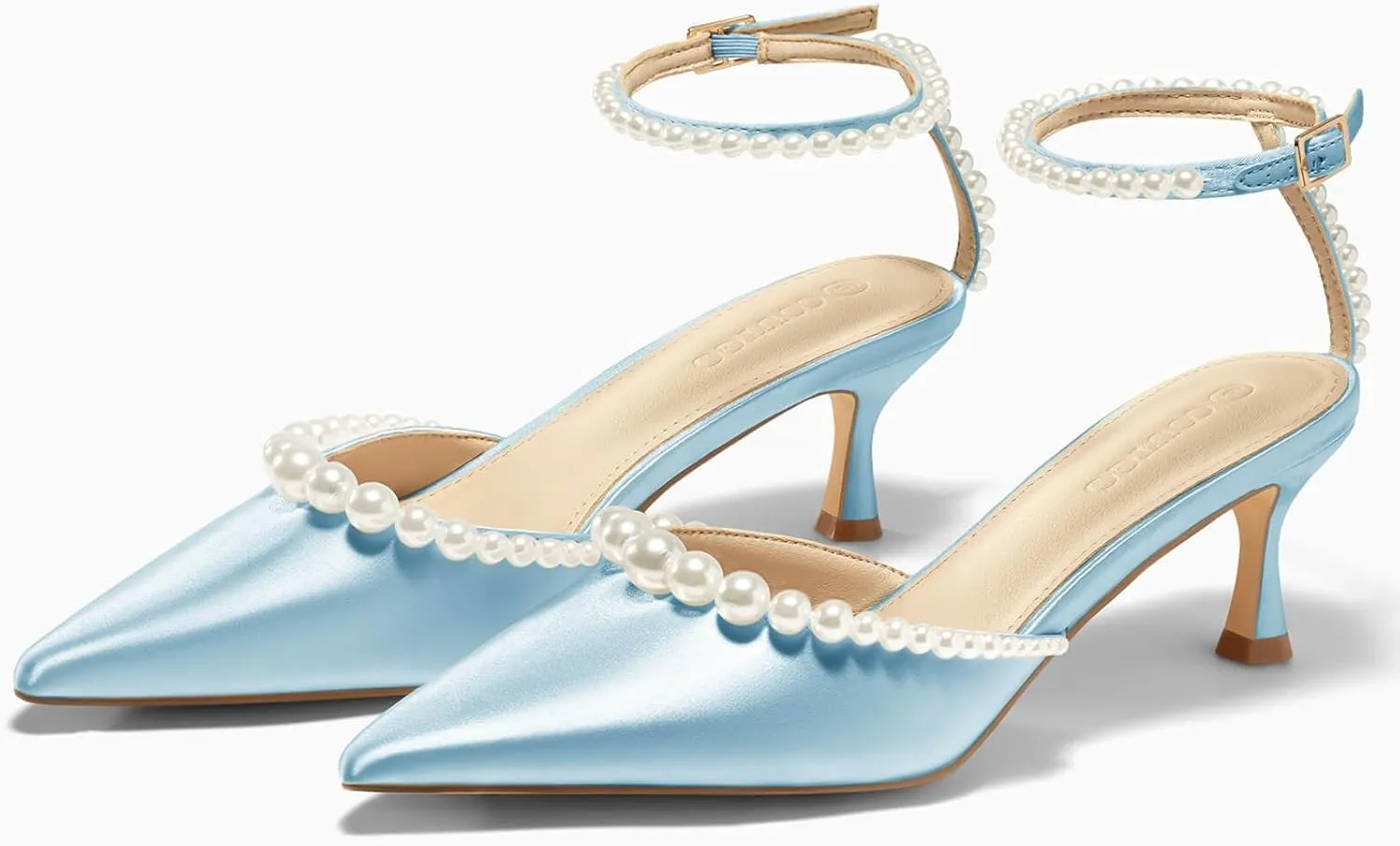 Coutgo Womens Pearl Kitten Heels Closed Pointed Toe Wedding Bride Dress Shoes Ankle Strap Satin Pumps