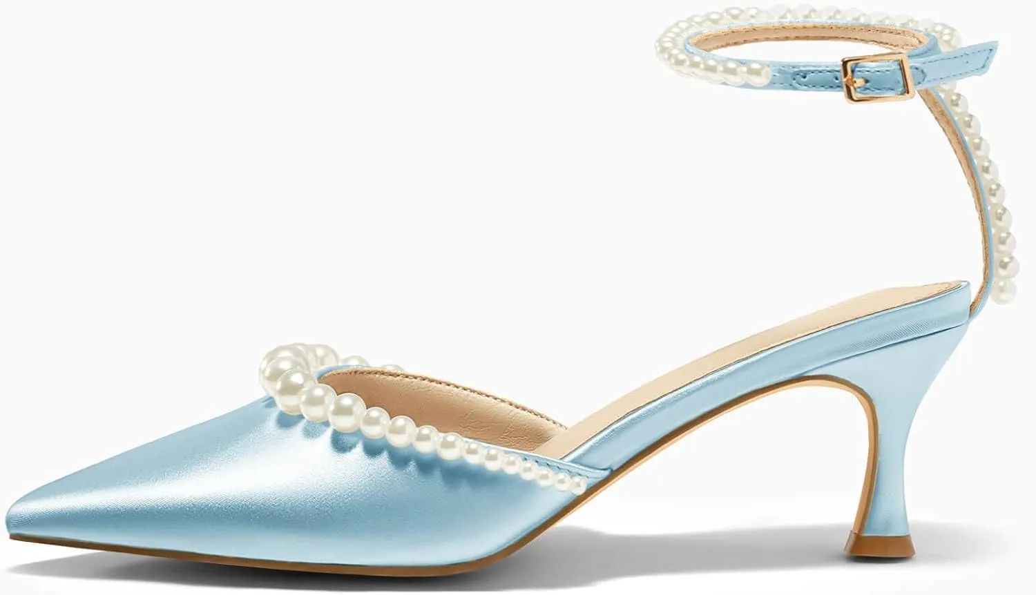 Coutgo Womens Pearl Kitten Heels Closed Pointed Toe Wedding Bride Dress Shoes Ankle Strap Satin Pumps
