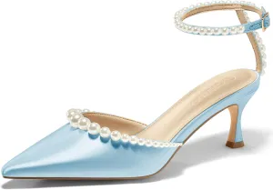 Coutgo Womens Pearl Kitten Heels Closed Pointed Toe Wedding Bride Dress Shoes Ankle Strap Satin Pumps