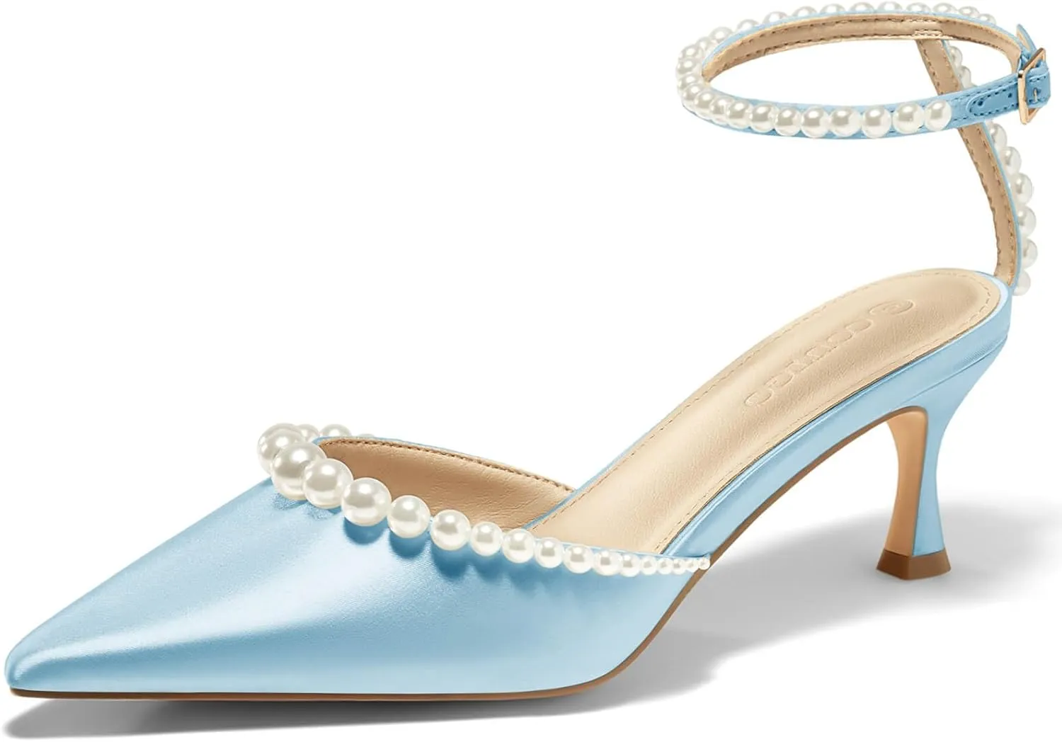 Coutgo Womens Pearl Kitten Heels Closed Pointed Toe Wedding Bride Dress Shoes Ankle Strap Satin Pumps