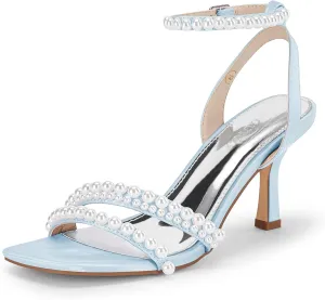 Coutgo Womens Pearl Kitten Heels Sandals Square Open Toe Dress Sandals Ankle Strap Satin Wedding Party Summer Sandals
