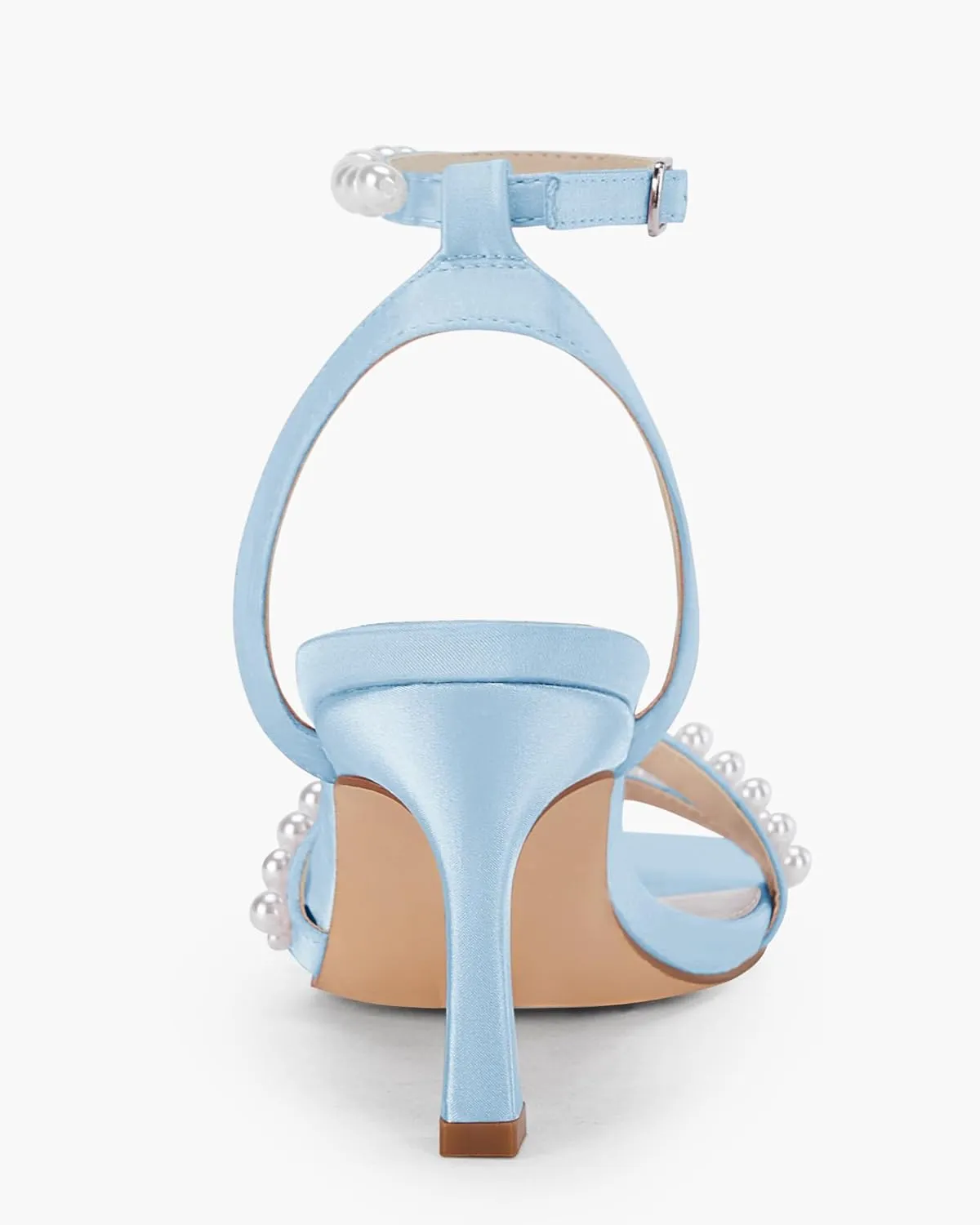 Coutgo Womens Pearl Kitten Heels Sandals Square Open Toe Dress Sandals Ankle Strap Satin Wedding Party Summer Sandals
