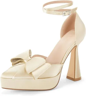 Coutgo Womens Platform Chunky High Heels Satin Bow Rhinestone Pointed Toe Ankle Strap Sexy Party Prom Dress Pumps