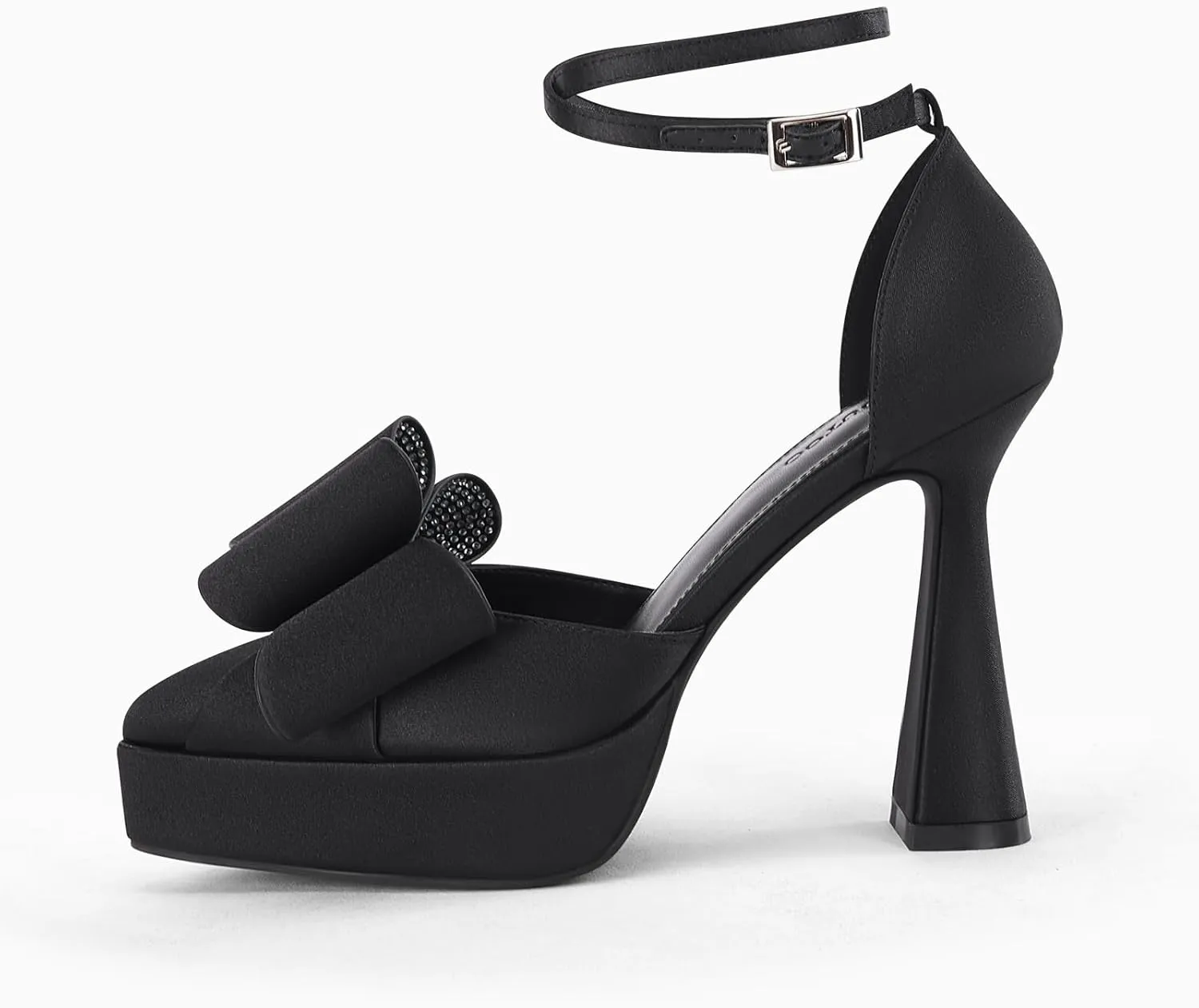 Coutgo Womens Platform Chunky High Heels Satin Bow Rhinestone Pointed Toe Ankle Strap Sexy Party Prom Dress Pumps