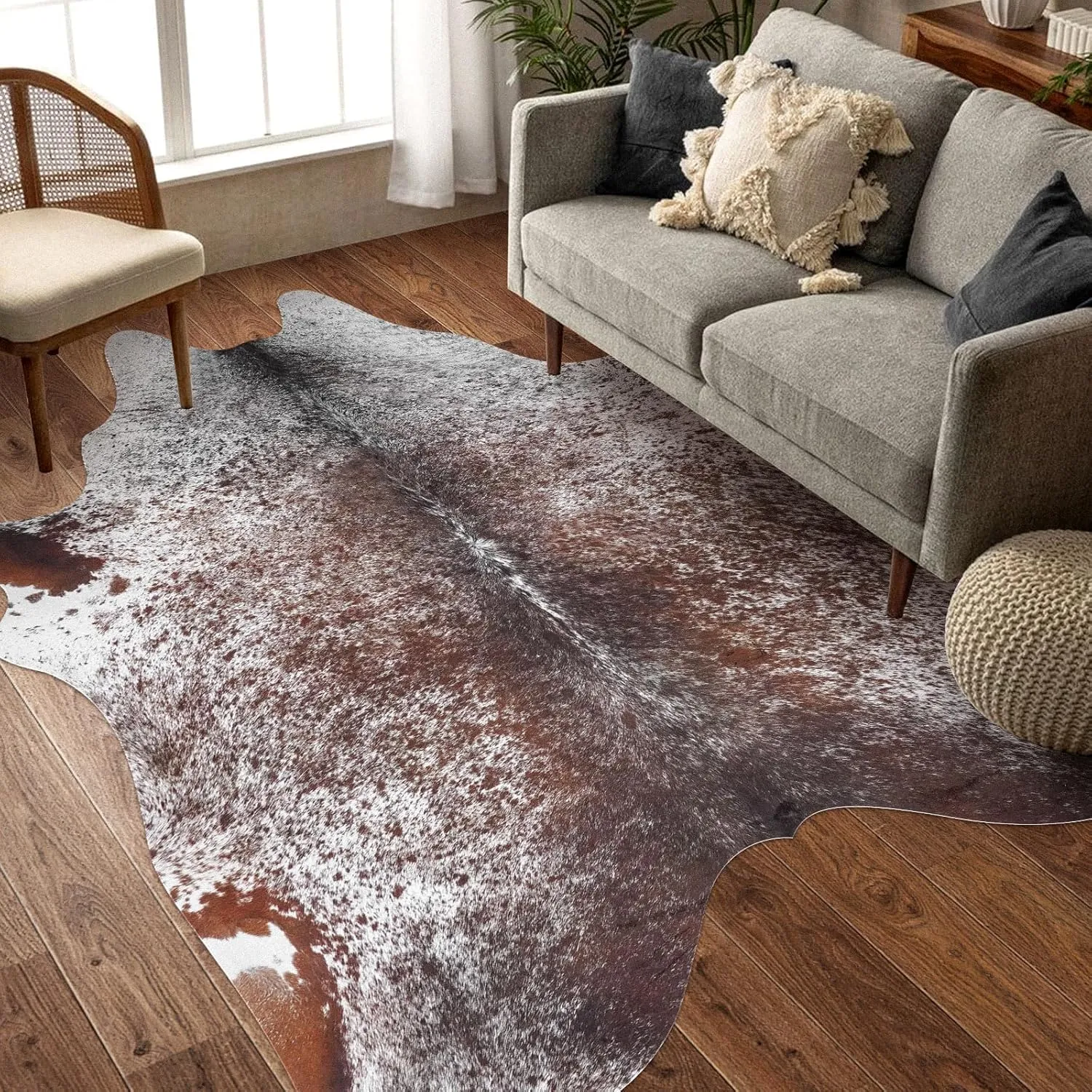Cow Print Rug 4.6x5.2 FT Cowhide Rug Faux Cow Hide Rugs Small Animal Print Carpet Cow Skin Pattern Area Rugs Western Decor for Living Room Bedroom Dining Room