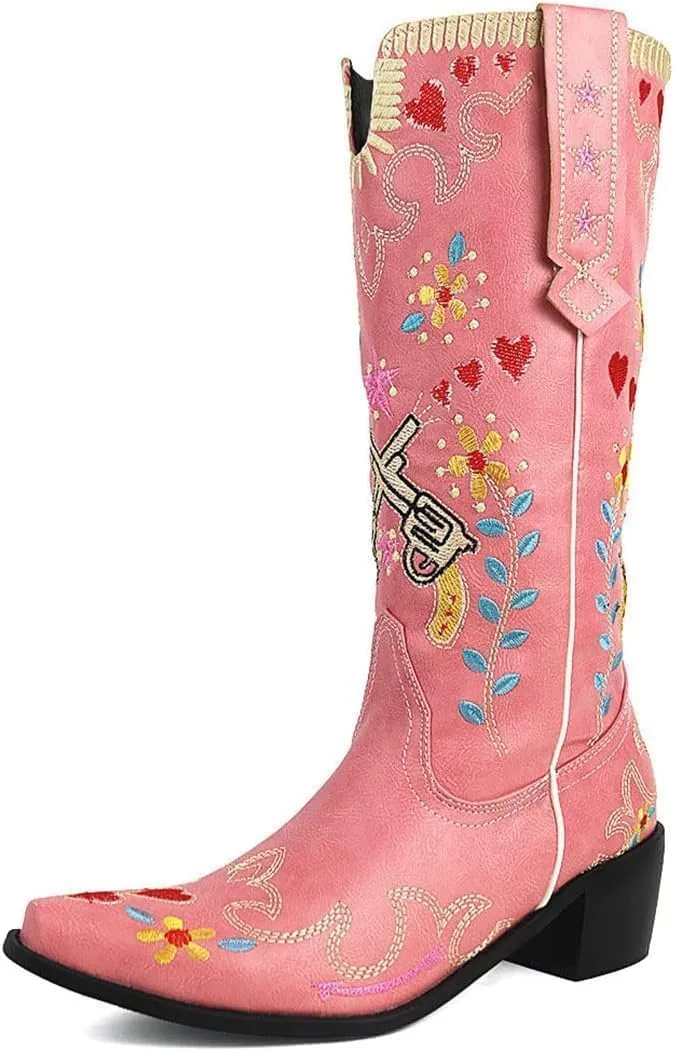 Cowboy Boots For Women, Cute Bluebonnet Floral Embroidered Fashion Country Boots Pointed Toe Chunky Heel Wide Calf Fancy Comfortable Pu Leather, Cowgirl Boots