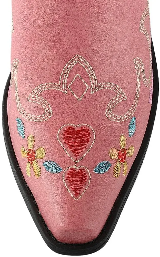 Cowboy Boots For Women, Cute Bluebonnet Floral Embroidered Fashion Country Boots Pointed Toe Chunky Heel Wide Calf Fancy Comfortable Pu Leather, Cowgirl Boots