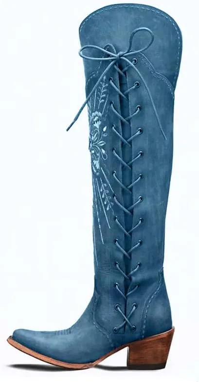 Cowboy Boots for Women Wide Calf Embroidered Western Cowgirl Boots Pointed Toe Over-The-Knee High Lace-Up Boots