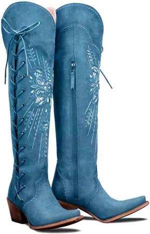 Cowboy Boots for Women Wide Calf Embroidered Western Cowgirl Boots Pointed Toe Over-The-Knee High Lace-Up Boots