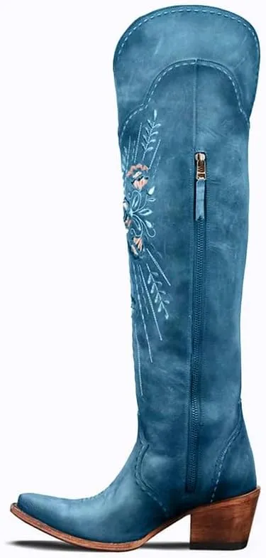 Cowboy Boots for Women Wide Calf Embroidered Western Cowgirl Boots Pointed Toe Over-The-Knee High Lace-Up Boots