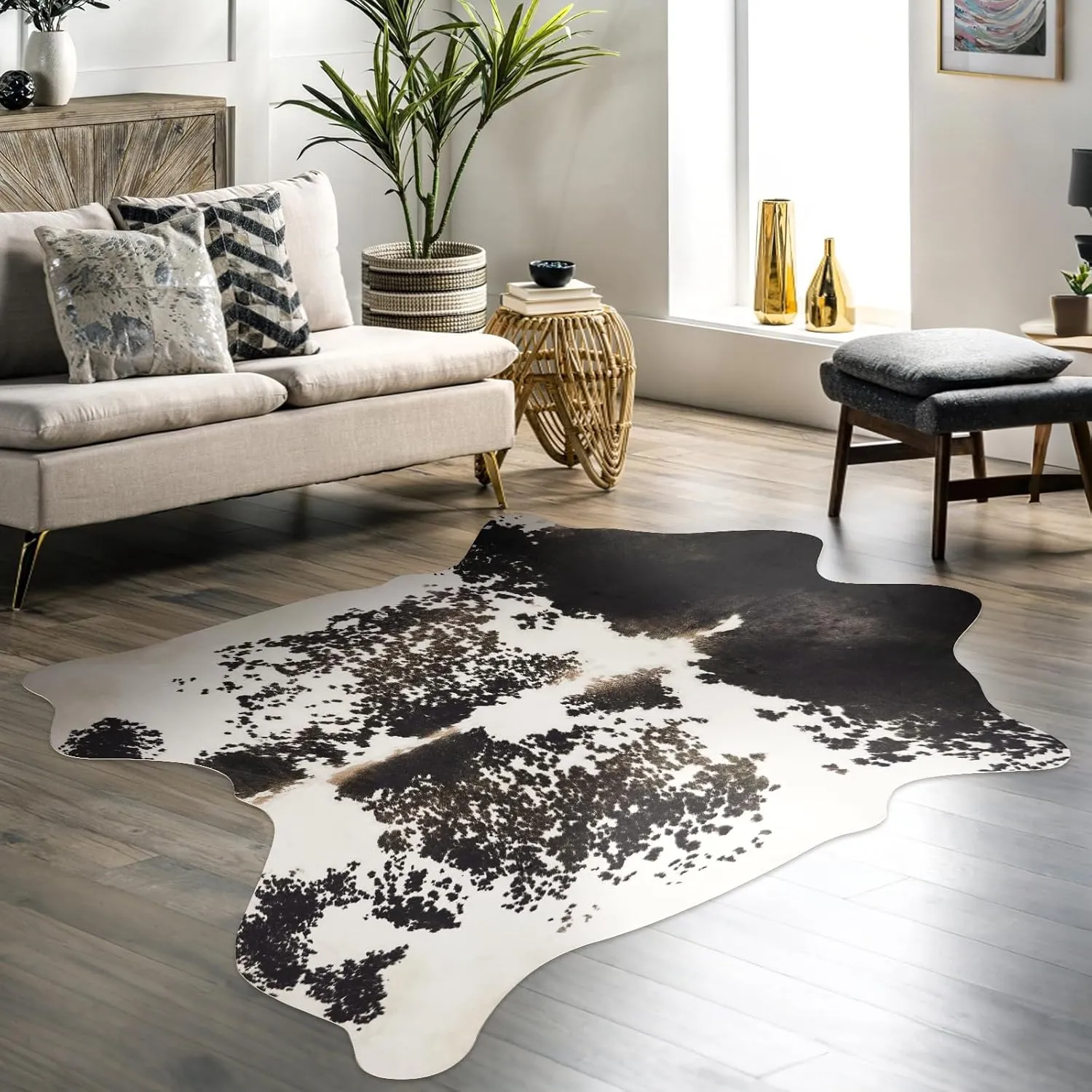 Cowhide Rug 6.2x7.2 FT Faux Cow Hide Rugs Non-Slip Cow Skin Print Area Animal Print Carpet Western Home Decor for Living Room Bedroom Dining Room (Grey&White)