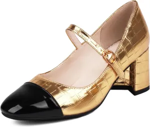 Cozivwaiy Women Fashion Mary Jane Shoes Metallic Blok Heels Cap Toe Two Tone Party Shoe Ankle Strap Patchwork Work Office Pumps
