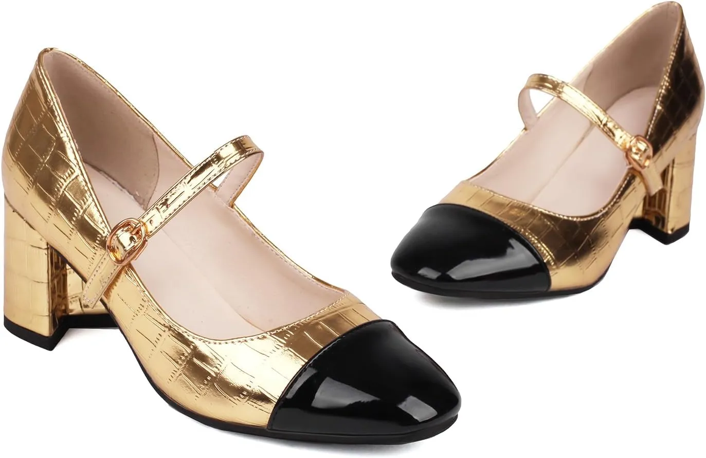 Cozivwaiy Women Fashion Mary Jane Shoes Metallic Blok Heels Cap Toe Two Tone Party Shoe Ankle Strap Patchwork Work Office Pumps