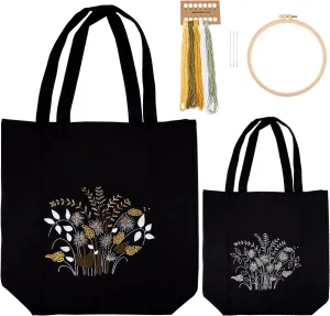 Craftdady Canvas Tote Bag Embroidery Kit Black Canvas Bag with Flower Patterns Instructions Embroidery Bag Embroidery Hoops Color Threads and Tool for DIY Beginners