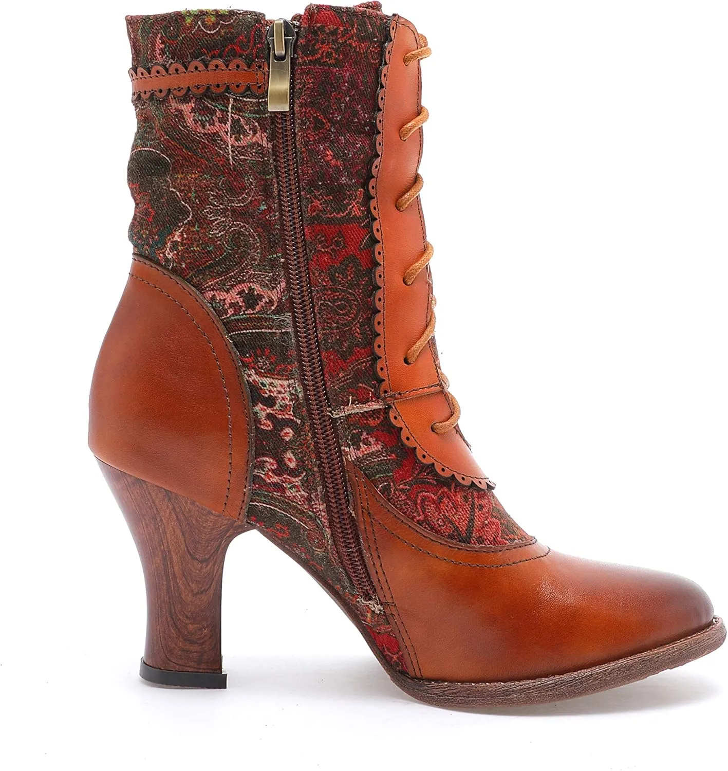 CrazycatZ Leather Ankle Boots,Women Retro Floral Leather Block Heel Ankle Embroidery Boots Colorful Boots