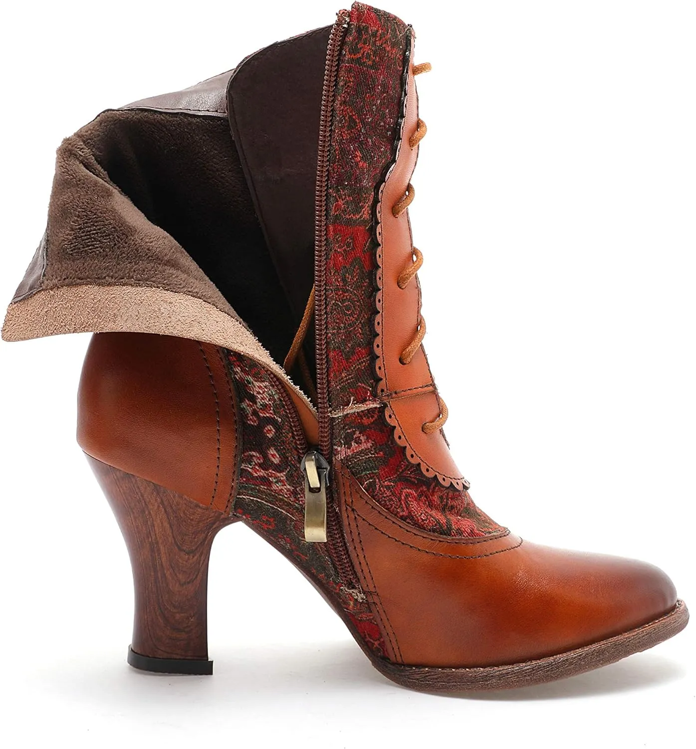 CrazycatZ Leather Ankle Boots,Women Retro Floral Leather Block Heel Ankle Embroidery Boots Colorful Boots