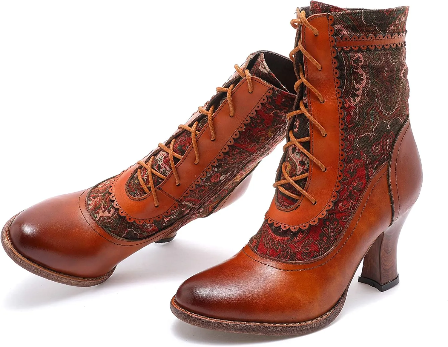 CrazycatZ Leather Ankle Boots,Women Retro Floral Leather Block Heel Ankle Embroidery Boots Colorful Boots