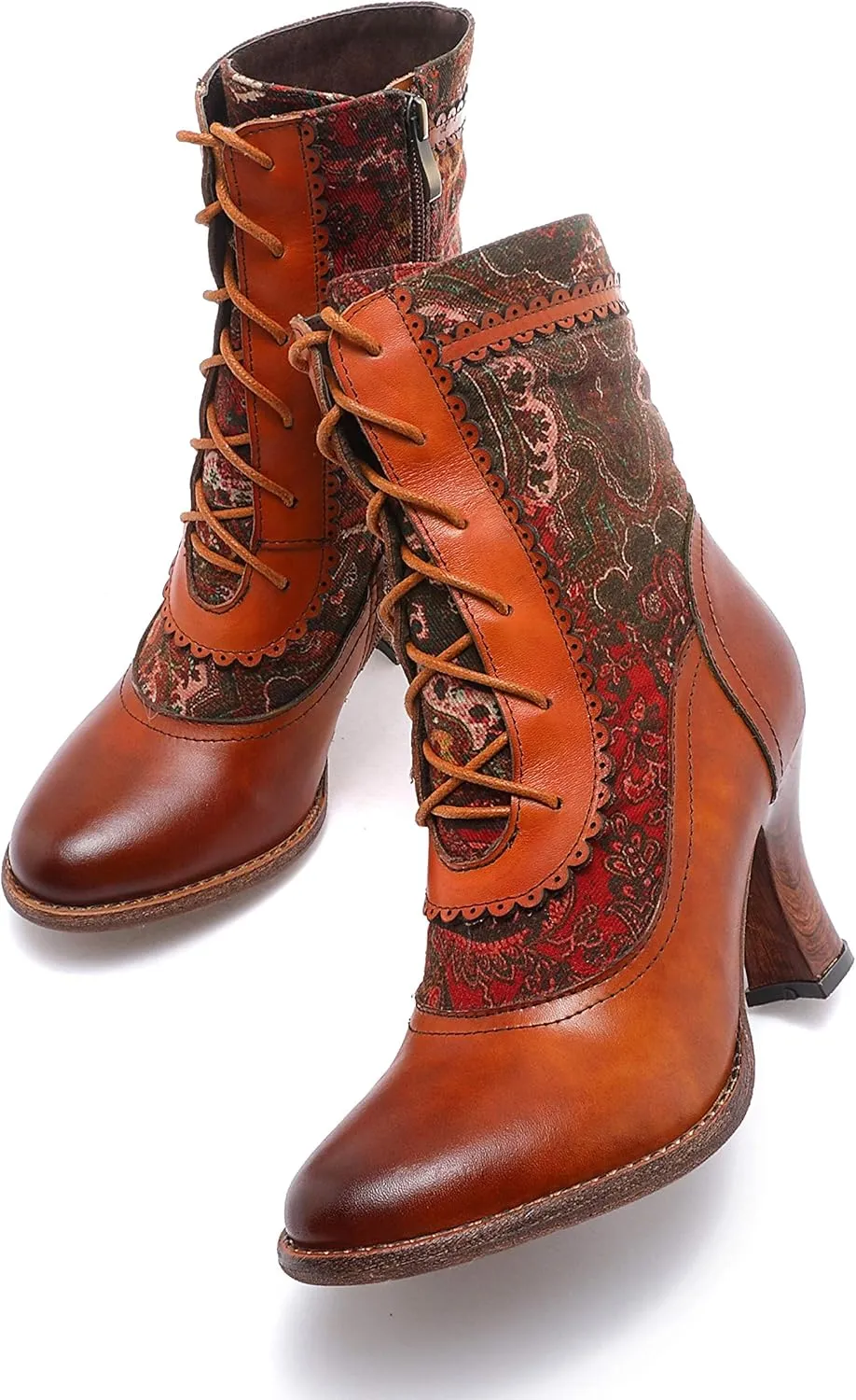 CrazycatZ Leather Ankle Boots,Women Retro Floral Leather Block Heel Ankle Embroidery Boots Colorful Boots