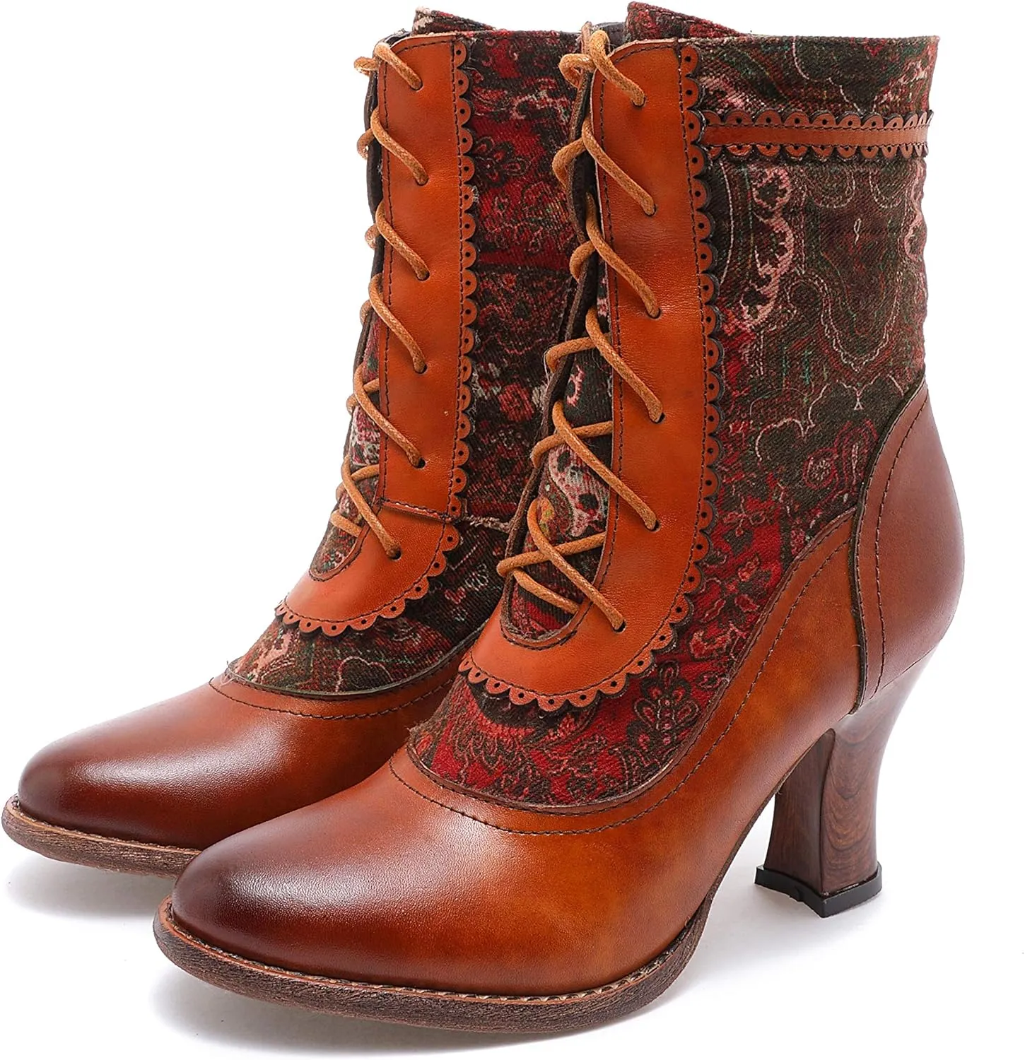 CrazycatZ Leather Ankle Boots,Women Retro Floral Leather Block Heel Ankle Embroidery Boots Colorful Boots