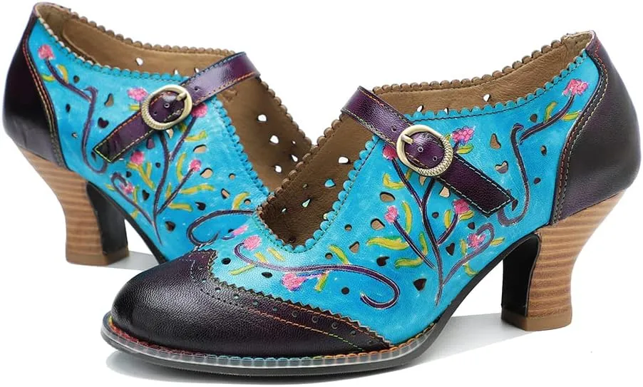 CrazycatZ Leather Mary Jane Shoes with Bow,Womens Patchword Pumps Vintage Mary Jane Shoes
