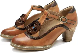 CrazycatZ Leather Mary Jane Shoes with Bow,Womens Patchword Pumps Vintage Mary Jane Shoes