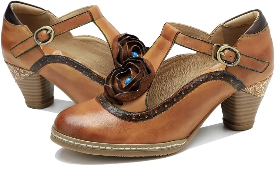 CrazycatZ Leather Mary Jane Shoes with Bow,Womens Patchword Pumps Vintage Mary Jane Shoes