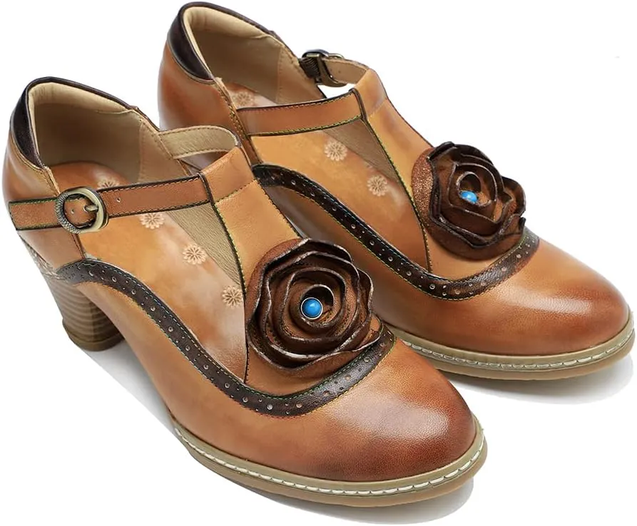 CrazycatZ Leather Mary Jane Shoes with Bow,Womens Patchword Pumps Vintage Mary Jane Shoes
