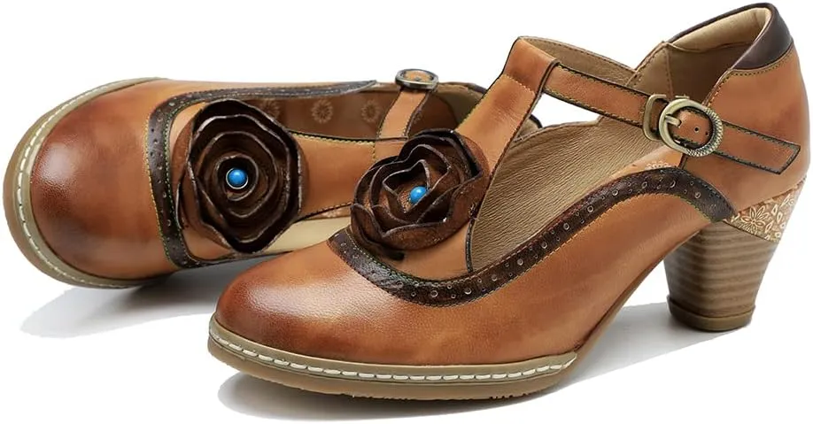 CrazycatZ Leather Mary Jane Shoes with Bow,Womens Patchword Pumps Vintage Mary Jane Shoes
