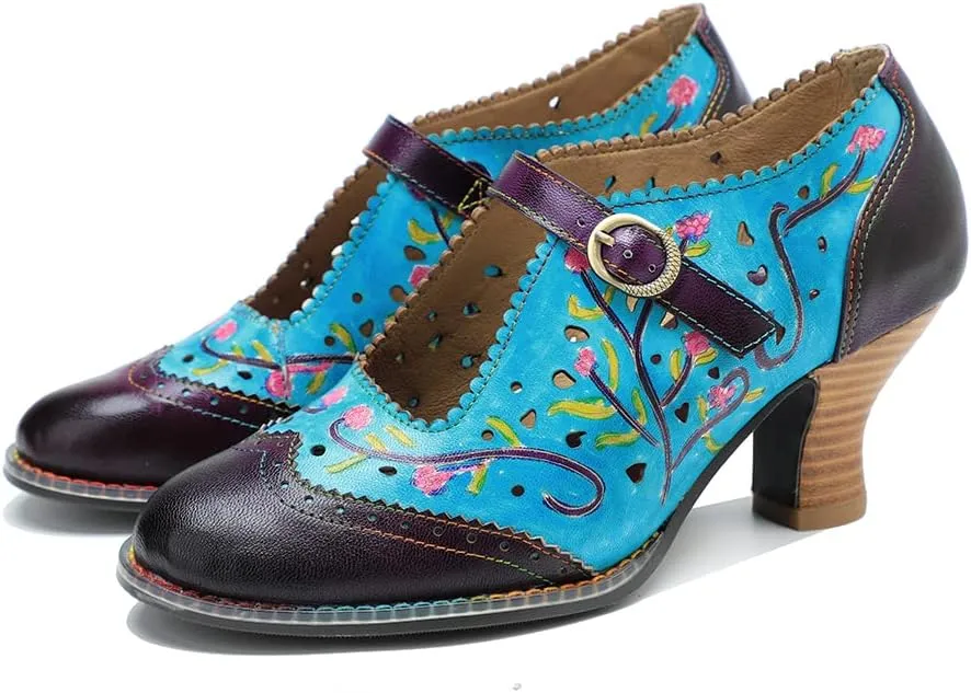 CrazycatZ Leather Mary Jane Shoes with Bow,Womens Patchword Pumps Vintage Mary Jane Shoes