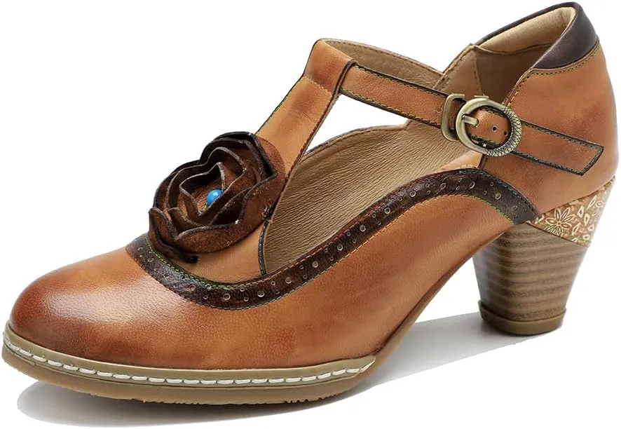CrazycatZ Leather Mary Jane Shoes with Bow,Womens Patchword Pumps Vintage Mary Jane Shoes