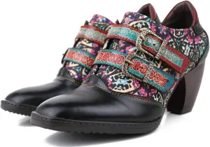CrazycatZ Leather Pumps,Womens Colorful Patchword Block Heel Bohemian Vintage Shoes