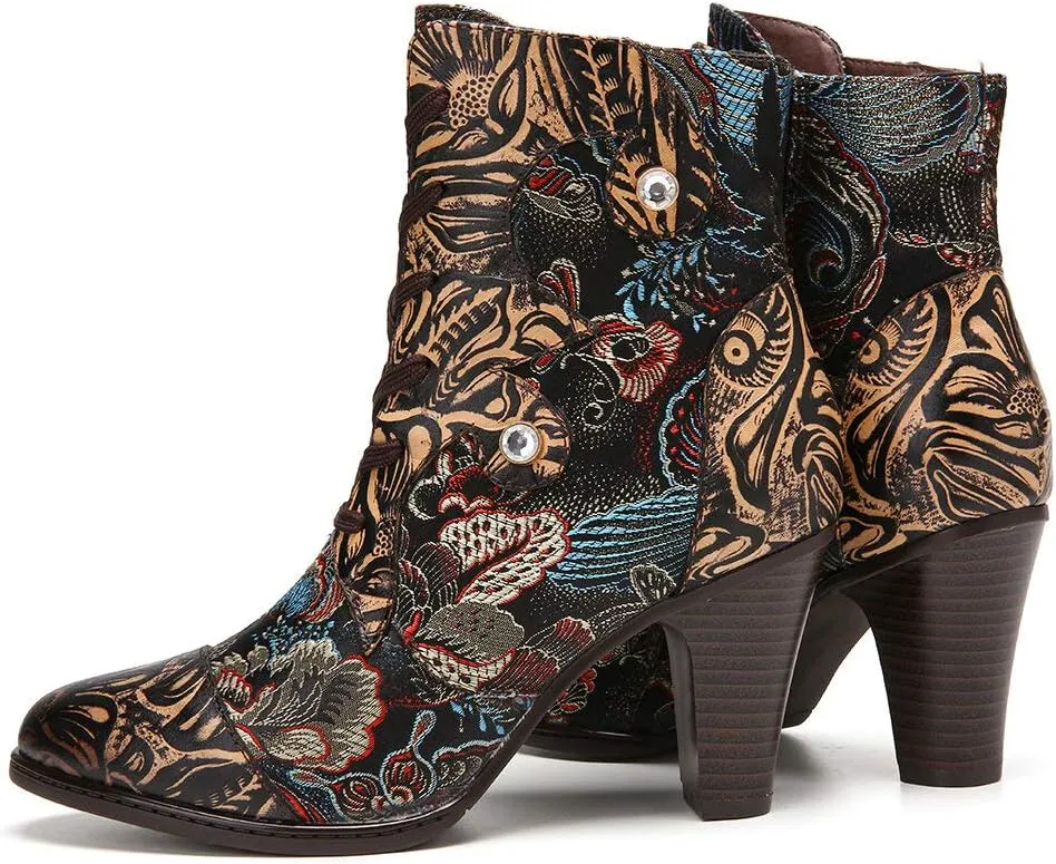 CrazycatZ Womens Ankle Boots Leather High Heel Splicing Floral Pattern Lace Up Boots