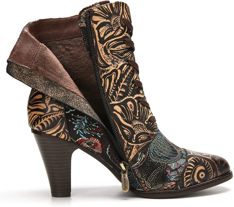 CrazycatZ Womens Ankle Boots Leather High Heel Splicing Floral Pattern Lace Up Boots