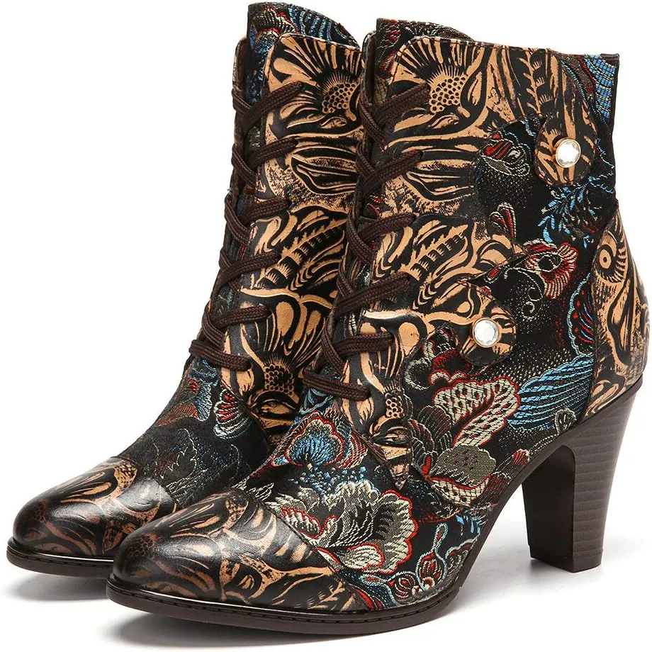 CrazycatZ Womens Ankle Boots Leather High Heel Splicing Floral Pattern Lace Up Boots