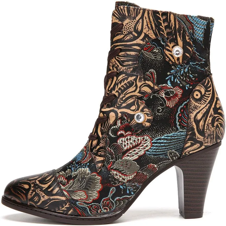 CrazycatZ Womens Ankle Boots Leather High Heel Splicing Floral Pattern Lace Up Boots