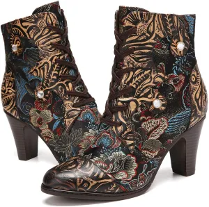 CrazycatZ Womens Ankle Boots Leather High Heel Splicing Floral Pattern Lace Up Boots