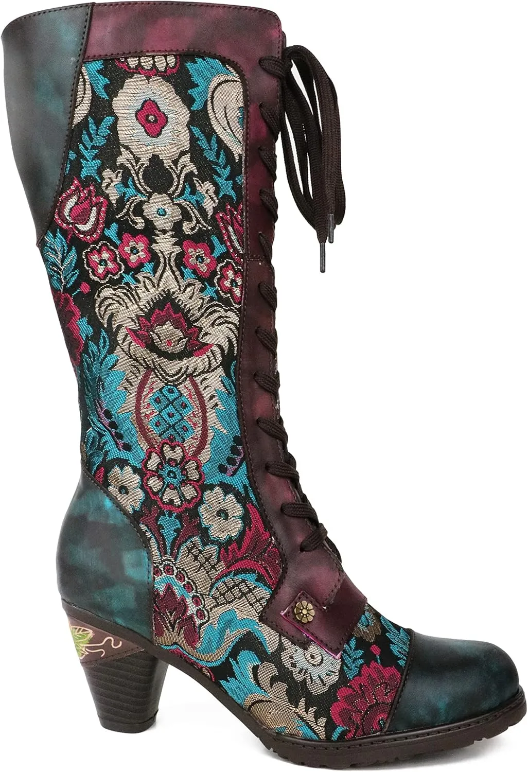CrazycatZ Womens Leather Bohemian Knee High Boots Splicing Floral Block Heel Patterned Long Boots