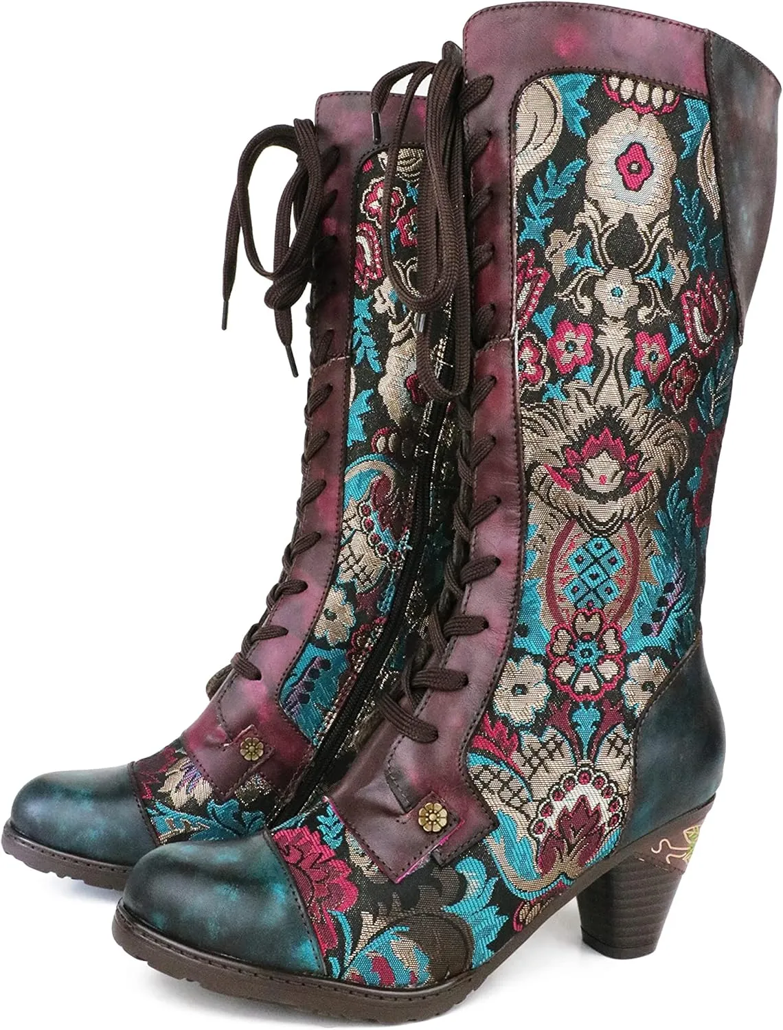 CrazycatZ Womens Leather Bohemian Knee High Boots Splicing Floral Block Heel Patterned Long Boots