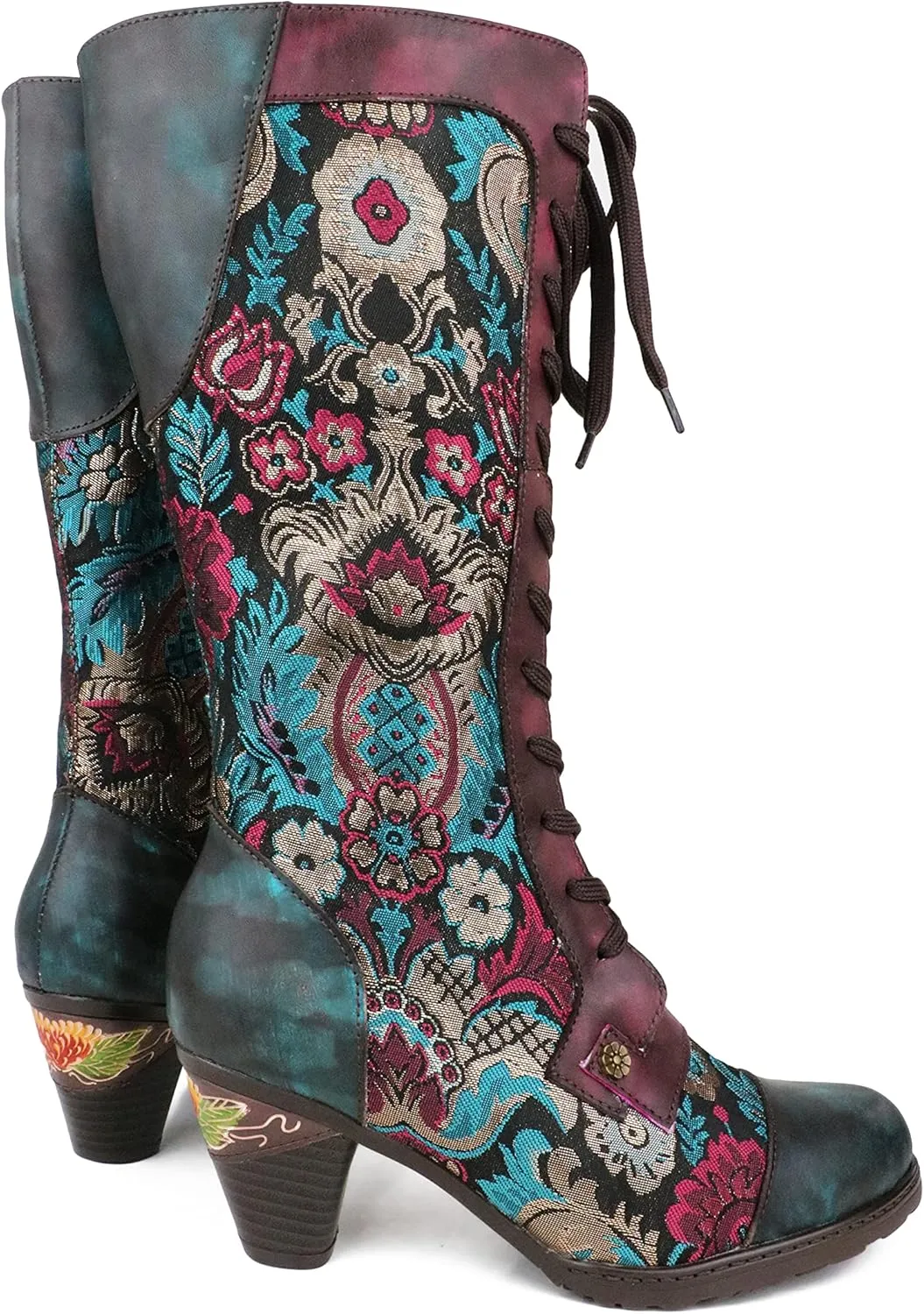 CrazycatZ Womens Leather Bohemian Knee High Boots Splicing Floral Block Heel Patterned Long Boots