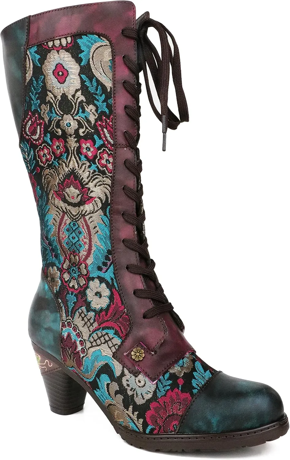 CrazycatZ Womens Leather Bohemian Knee High Boots Splicing Floral Block Heel Patterned Long Boots